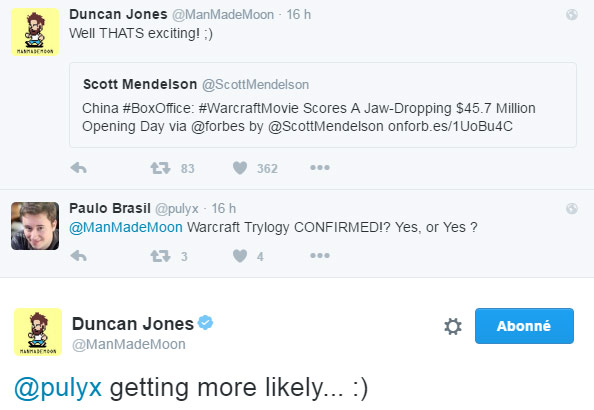 Tweet de Duncan Jones sur une éventuelle trilogie.